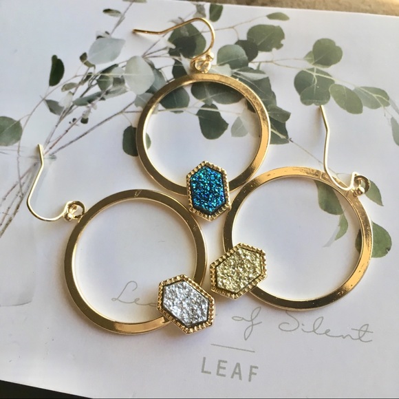 'Spark' Hexagonal Druzy Set Gold Hoop Earrings - Picture 4 of 6